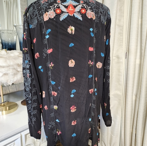 JohnnY Was Biya Inka silk blouse lack embroidered long sleeve split tie neck S - Picture 4 of 10
